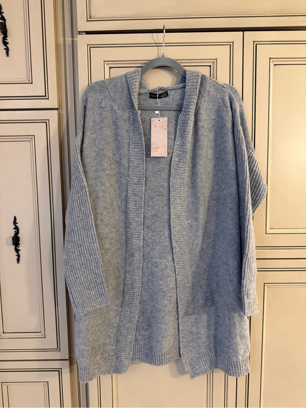 NWT EMERY ROSE Light Gray Open-Front Knit Hooded Cardigan Sweater Duster Women
